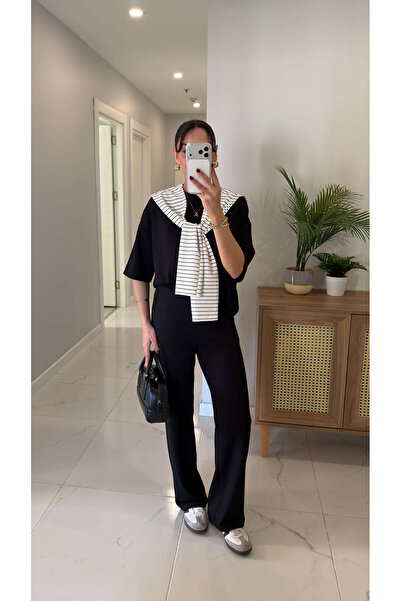 BİRCANÇİL Weyta Black and White Shoulder Shawl Trouser Suit