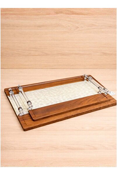 ALQANNAS Wooden Serving Tray Set 2 Pieces with Cream Acrylic Decoration