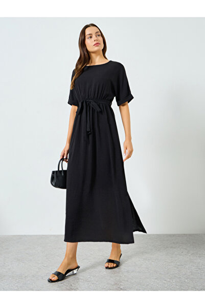 Take Two By Styli Black Short Sleeve Wait Tie Midi Dress