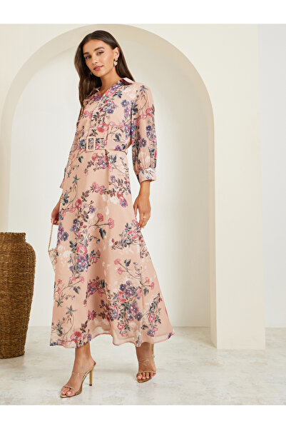 Styli Women Beige Floral Maxi Dress with Belt