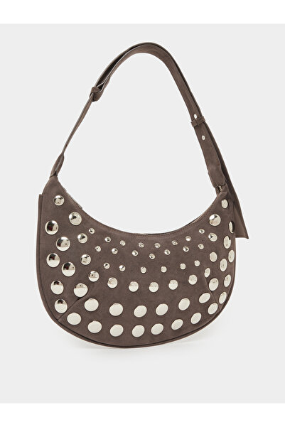 Styli Grey Suede Stud Shoulder Bag