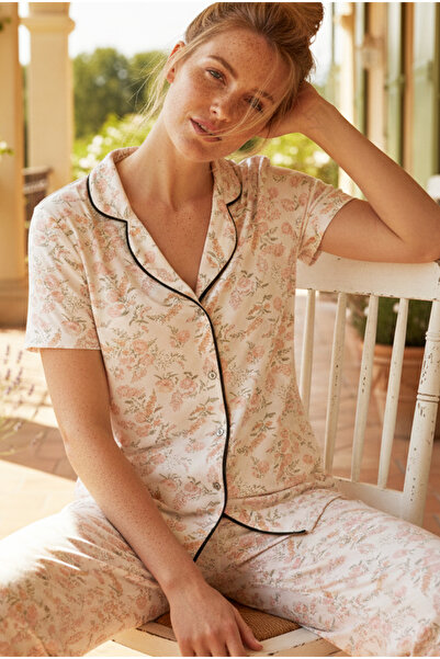 Siyah İnci Ecru Floral Patterned Buttoned Ribbed Viscose Knitted Pajama Set 2...