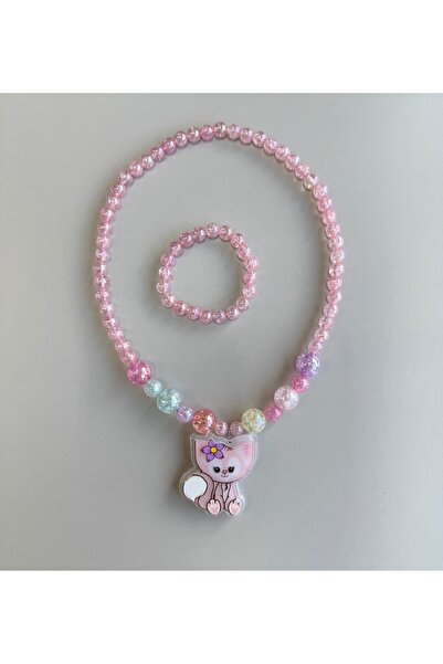ABAS Sevimli Kedi Figürlü Işıklı Boncuklu Çocuk Kolye ve Bileklik 2liTakı Seti