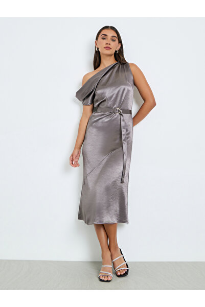 Styli Women Grey One Shoulder A-Line Midi Dress