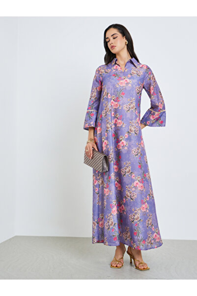 Amirah By Styli Women Purple Floral Print A-Line Jalabiya