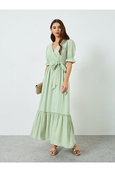 Styli Green Textured Maxi Dress with Tie-Belt