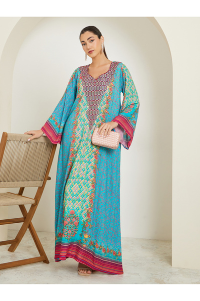 Amirah By Styli Blue Printed A-Line Jalabiya