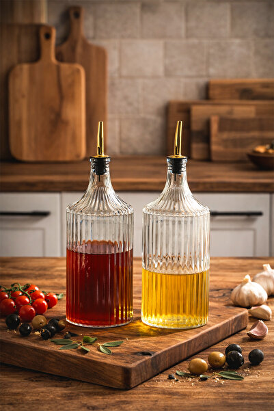 Porsima Viking 18114 2li 1000 ml Cam Şişe Yağlık Sirkelik Çift Kapaklı Gold