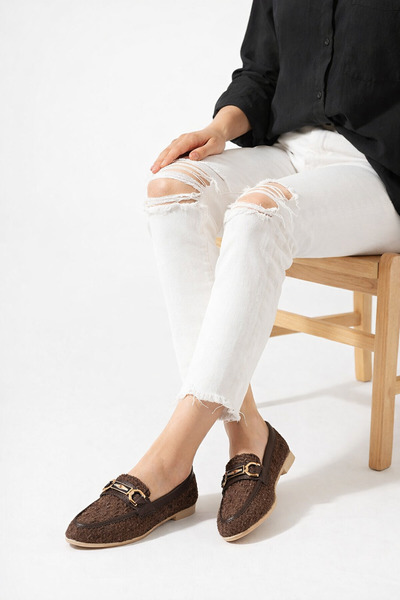 STOCON Women's Cassia Brown Glitter Tweed Fabric Loafer Ballerinas with Gold ...