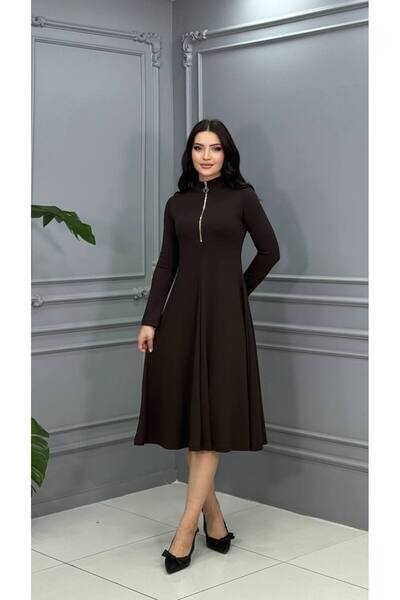 Cannes Milano Half-Zip Midi Dress - Brown