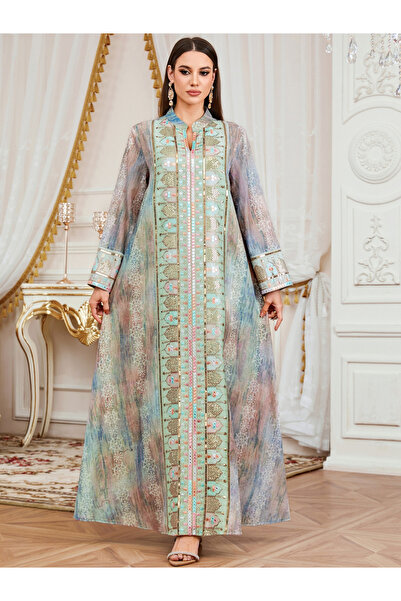 Take Two By Styli Women Sequin Embroidered Panel Notch Neck Jalabiya