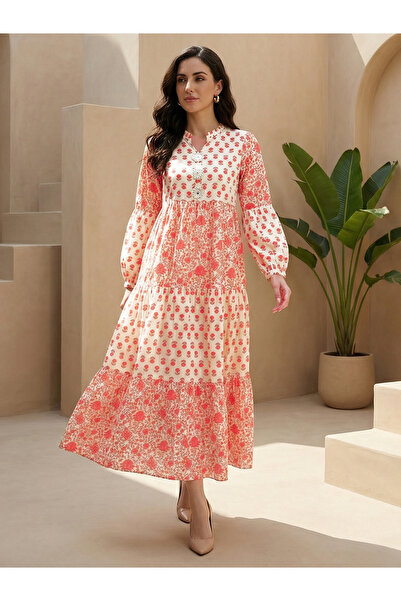 Globus By Styli White Floral Printed Mandarin Collar Tiered Maxi Dress