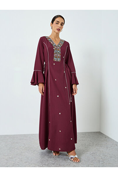 Maxim Creation By Styli Dark Wine Embroidered A-Line Jalabiya