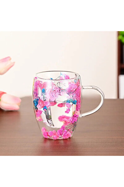 Choice3 كوب زجاجي أزرق فاتح مزدوج الطبقات مزين بزهرة مجففة، سعة 350 مل، مقاوم...