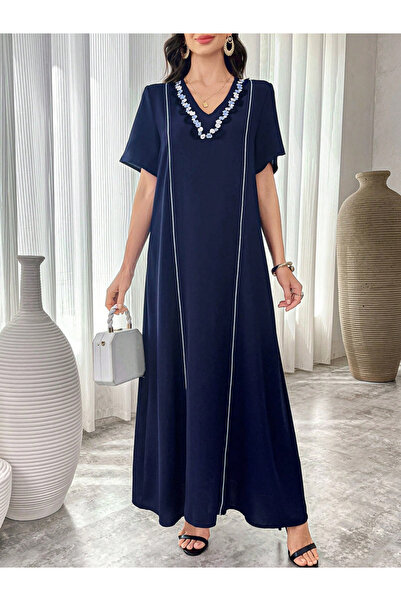 Take Two By Styli Women Navy Blue Embroidered A-Line Jalabiya