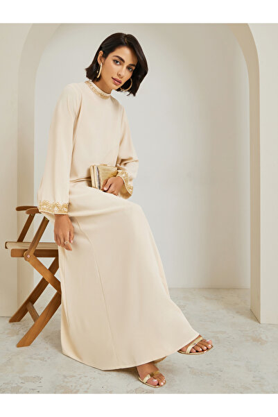 Amirah By Styli Women Lace Trim Flared Sleeve Jalabiya