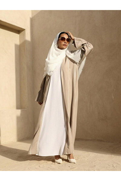 Ishin By Styli Beige Crinkled Cotton Relaxed Abaya with Hijab
