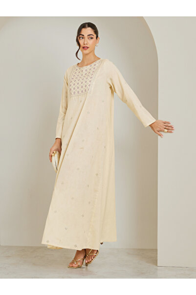 Amirah By Styli Women Cream Embroidered A-Line Jalabiya