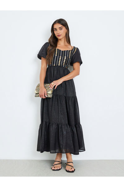 Styli Women Black Embroidered Puff Sleeves Tiered Maxi Dress