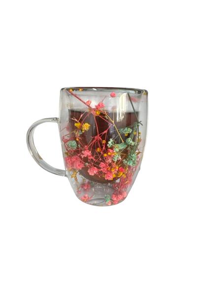 OEM Double-walled borosilicate glass mug with various decorative dried flowers