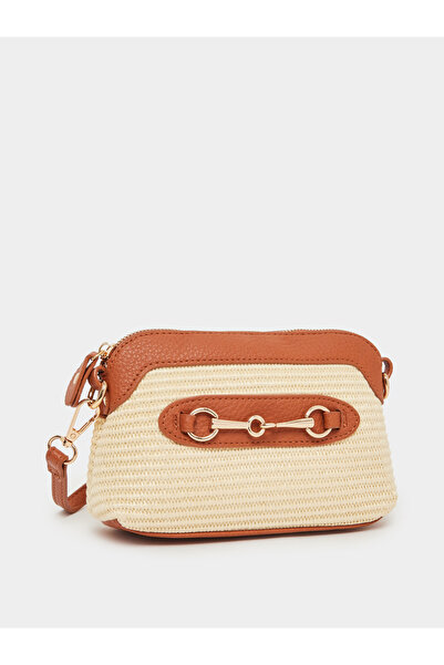 Styli Brown Raffia Shoulder Bag with Horsebit Detail
