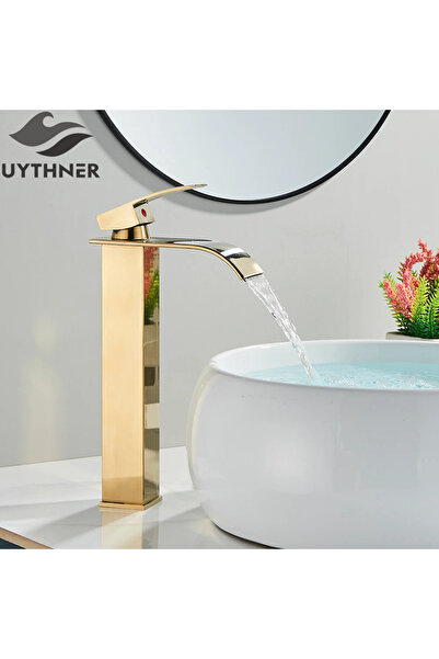 Choice3 صنبور حوض ذهبي مصقول عالي الجودة، صنبور حوض حمام أنيق بتصميم شلال، ذر...