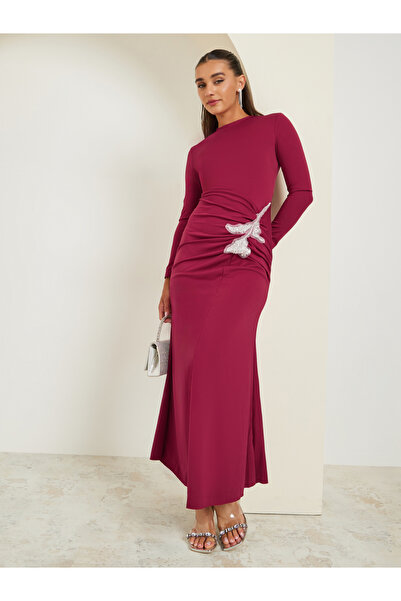 Styli Burgundy Sequined Patch Maxi Dress