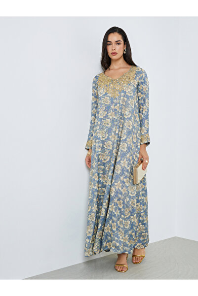 Amirah By Styli Women Blue Floral Print Embroidered Jalabiya