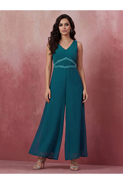 Globus By Styli Teal Embroidered Detail Georgette Festive Jumpsuit