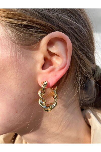 uyguntakıaksesuar Burgu Zincir Form Gold Hoop Earrings – Modern and Strong St...