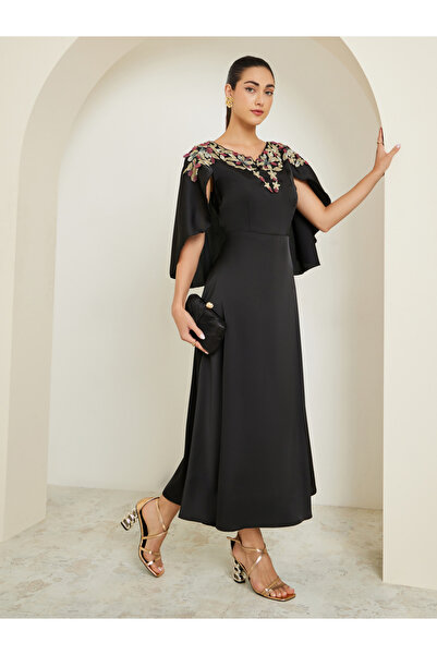 Styli Black Embellished Cape Sleeve Sheath Maxi Dress