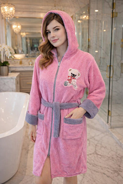 LaraLisa Hooded, Zippered, Pocketed, Fixed Belt Detailed Cotton Bathrobe