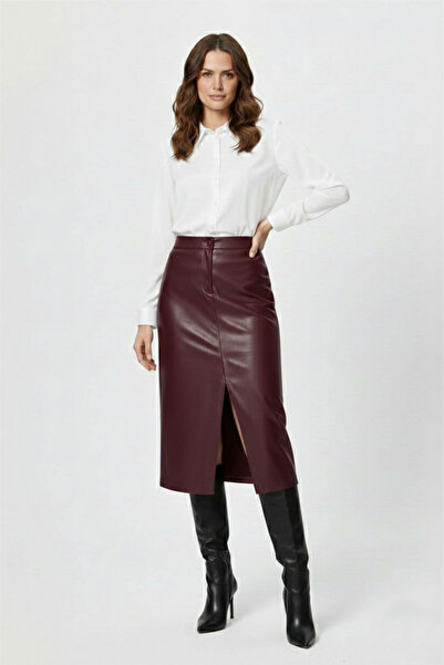 Deriderim Stella Genuine Leather Burgundy Slit Midi Pencil Skirt