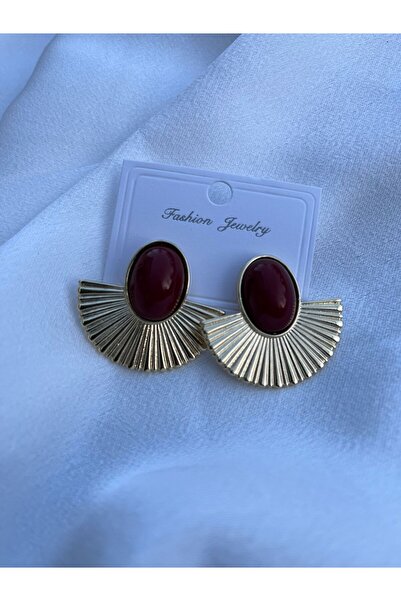 uyguntakıaksesuar Burgundy Stone Detailed Gold Color Vintage Fan Earrings – S...