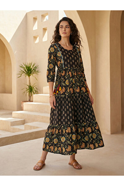 Globus By Styli Black Floral Print Gathered Tiered Midi Dress