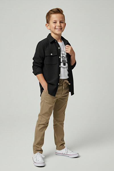 Merdia Erkek Çocuk 3lü Takım (Likralı Fitilli Gömlek, Tişört ve Beli Lastikli...