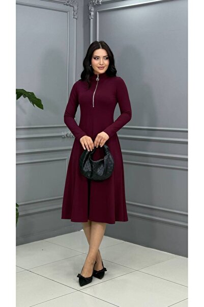 Cannes Milano Half-Zip Midi Dress - Burgundy
