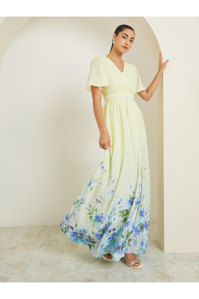 Styli Yellow Floral Printed Wrap Maxi Dress