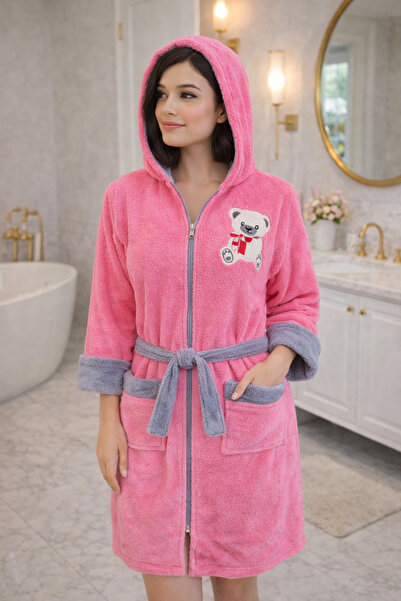 LaraLisa Hooded, Zippered, Pocketed, Fixed Belt Detailed Cotton Bathrobe