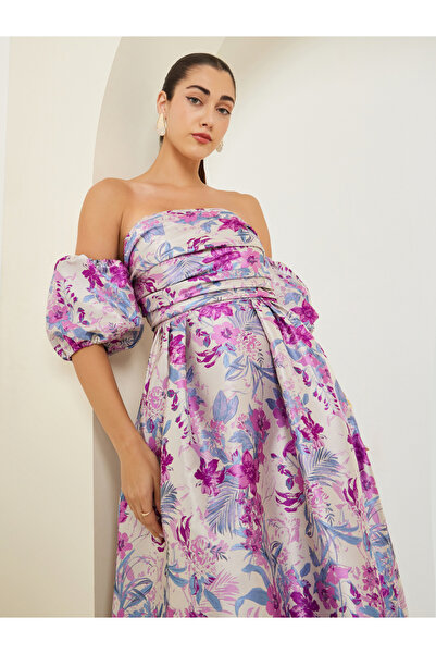 Styli Floral Pleated Off-Shoulder Maxi Dress