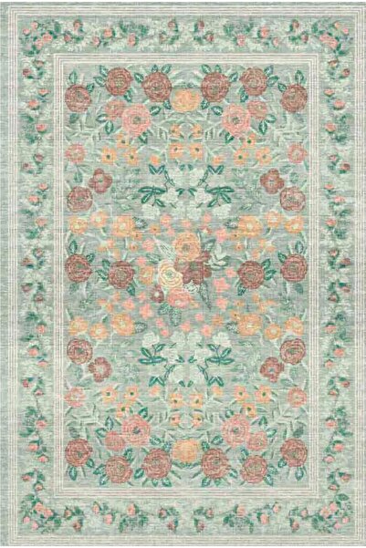 Missia Home Yıkanabilir Pamuk Taban Vintage Yeşil Çiçekli Halı 7029