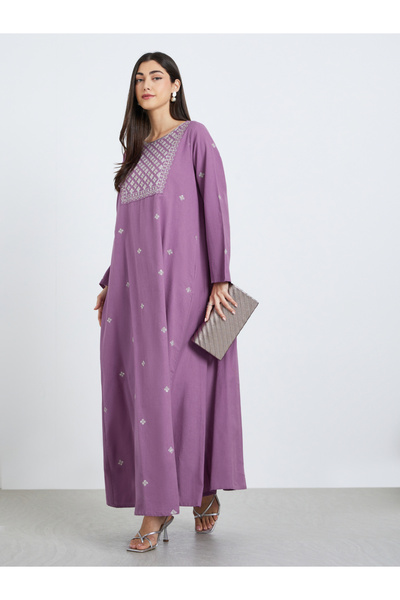Amirah By Styli Women Purple Embroidered A-Line Jalabiya