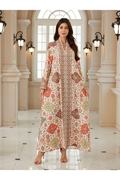 Take Two By Styli جلابية نسائية مطبوع بياقة على شكل حرف V قَصّة على شكل A