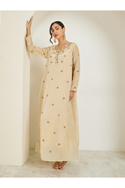 Amirah By Styli Women Cream Embroidered A-Line Jalabiya