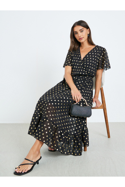 Styli Women Black Polka Dot Print A-Line Maxi Dress