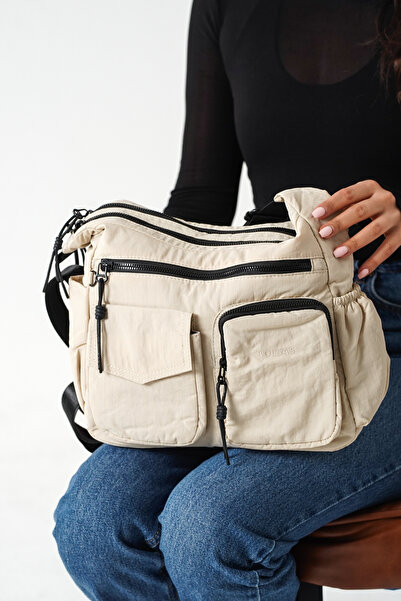 Solo Bag Women's Multi-Compartment Waterproof Ecru Beige Crinkle Daily Crossb...