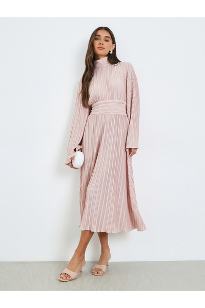Styli Women Pink Peated Bell Sleeves A-Line Midi Dress