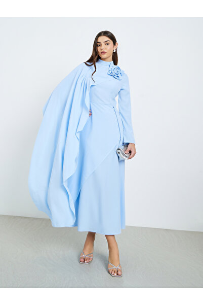 Styli Women Blue Embellished Cape Detail Midi Dress