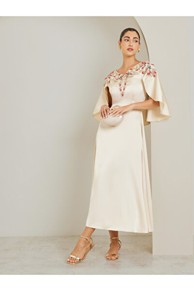 Styli Cream Embellished Cape Sleeve Sheath Maxi Dress