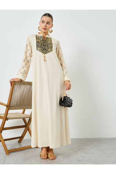 Maxim Creation By Styli Cream Cotton Embroidered A-Line Jalabiya